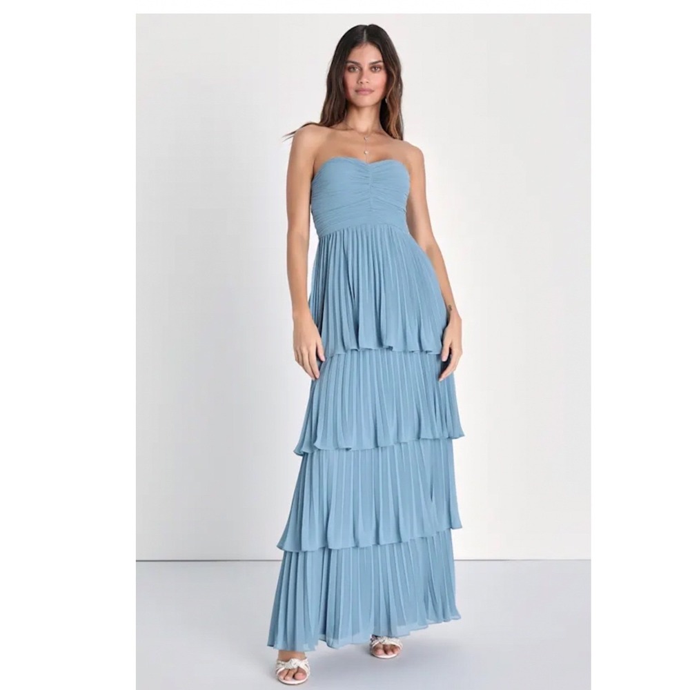 Lulus Seriously Sensational Light Blue Strapless Tiered Maxi Dress Size Medium